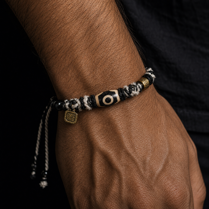 Wealth Vision Three-Eye Dzi Bead Tibetan Cord Bracelet