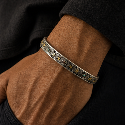Om Mani Padme Hum Silver Plated Cuff Bracelet with Gold Handmade