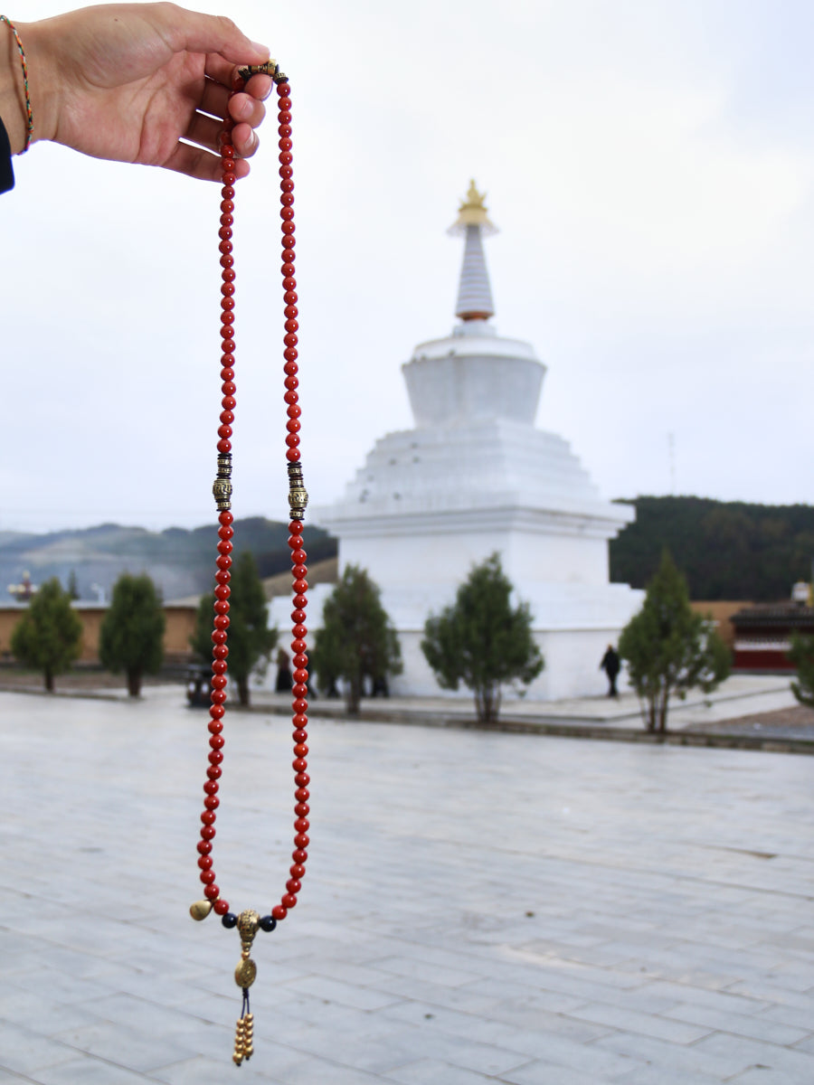 108 Red Agate Copper Mala Necklace