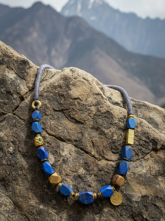 Gold Accented Lapis Lazuli Barrel Bead Necklace