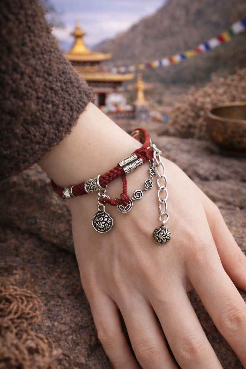 Lucky Red Rope Silver Charm Protection Cotton Cord Bracelet