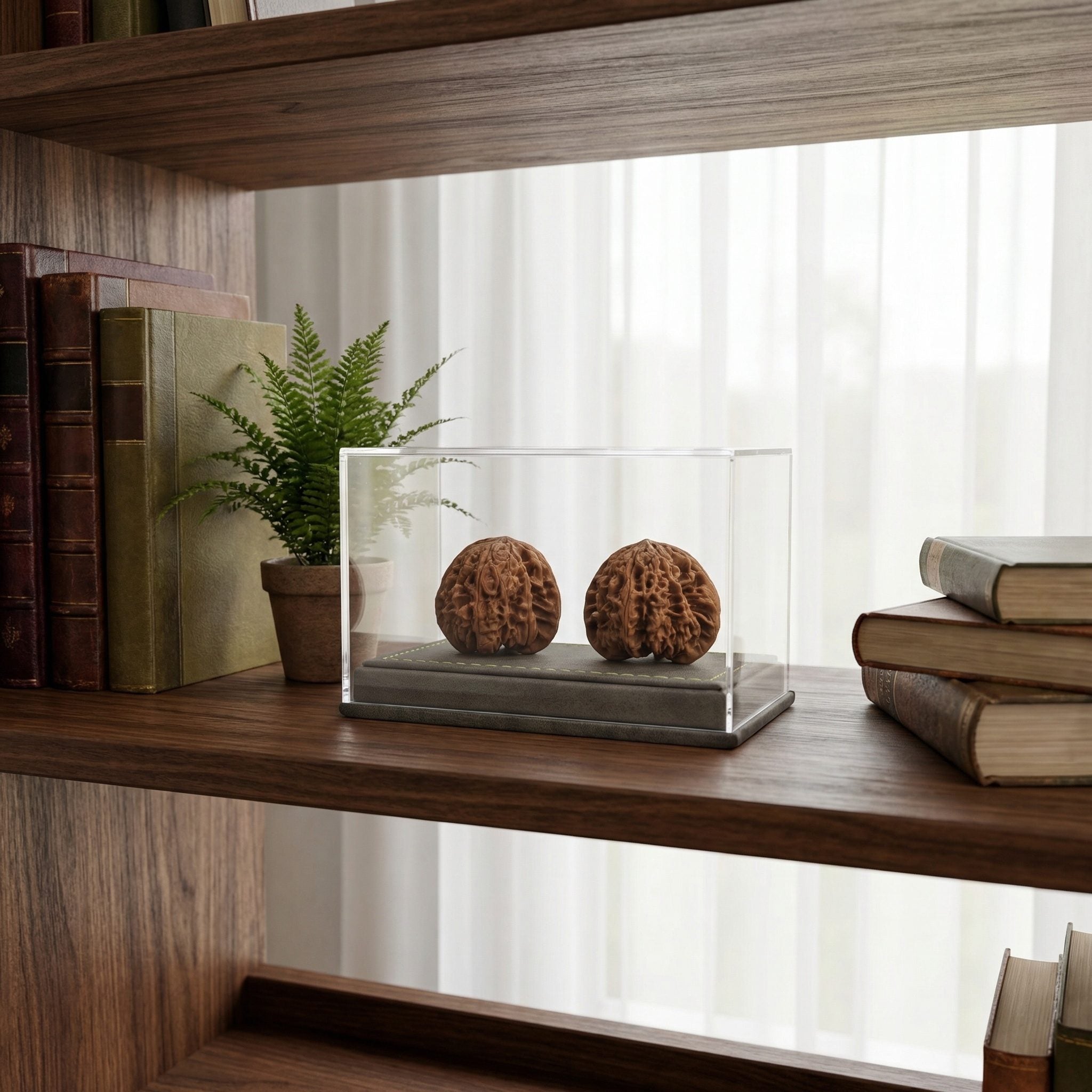 Dustproof Dual Walnut Showcase — High-Clarity Acrylic with Grey Suede Base
