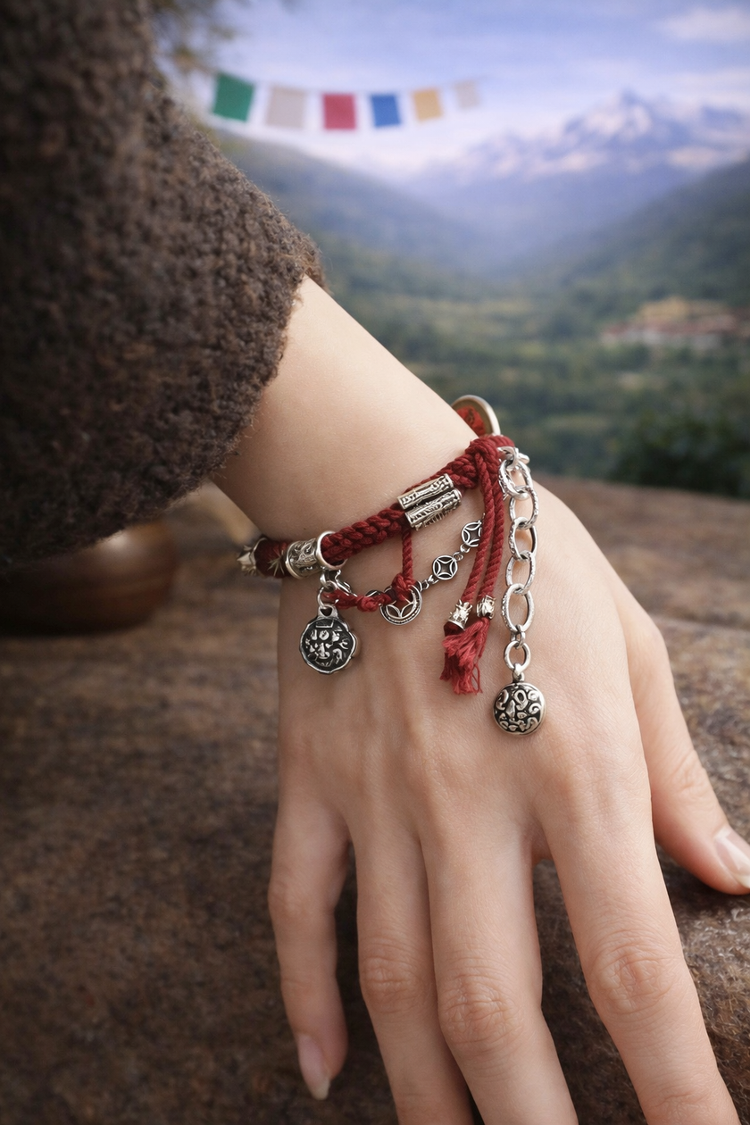 Lucky Red Rope Silver Charm Protection Cotton Cord Bracelet