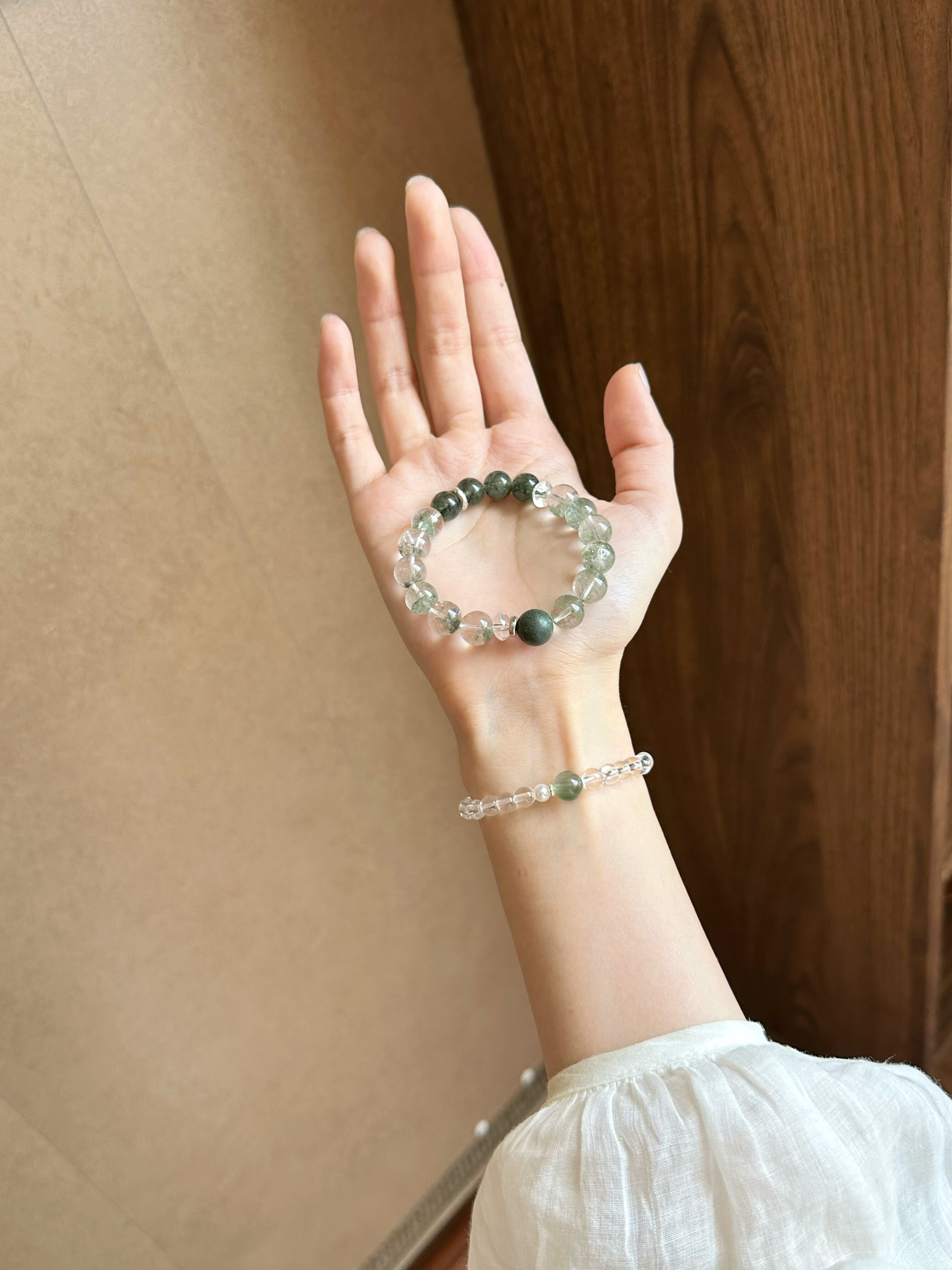 Clear Quartz & Green Rutilated Quartz Bracelet with Freshwater Pearl