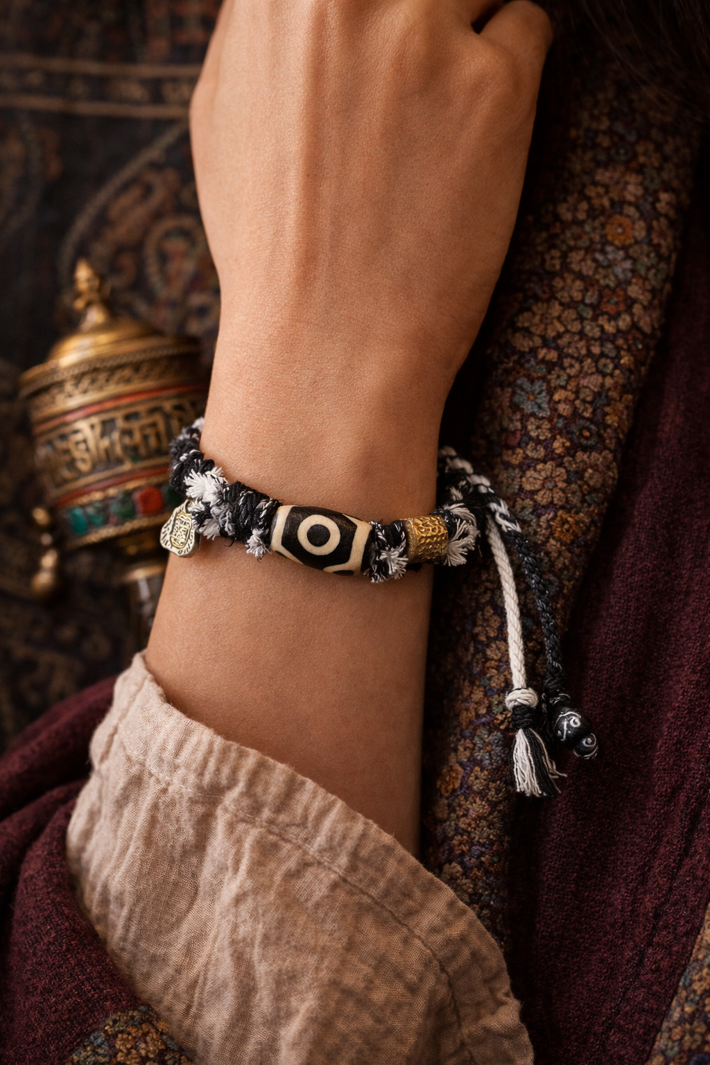 Wealth Vision Three-Eye Dzi Bead Tibetan Cord Bracelet