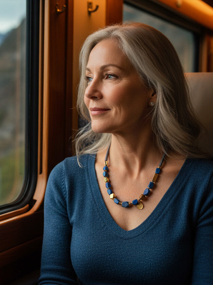 Gold Accented Lapis Lazuli Barrel Bead Necklace
