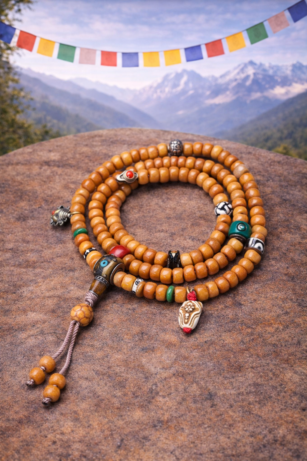 Golden Blessing 108 Yak Bone Dzi Lotus Tibetan Mala Necklace