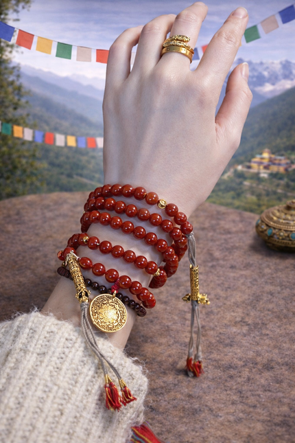 Fortune Flame 108 Nanhong Agate Tibetan Mala Bracelet