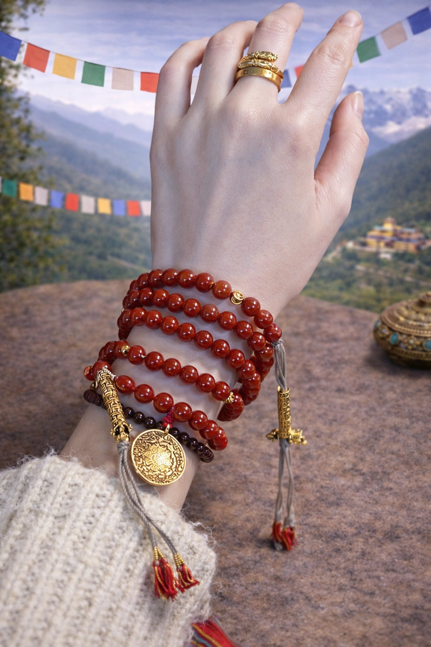 Fortune Flame 108 Nanhong Agate Tibetan Mala Bracelet