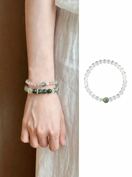 Clear Quartz & Green Rutilated Quartz Bracelet with Freshwater Pearl