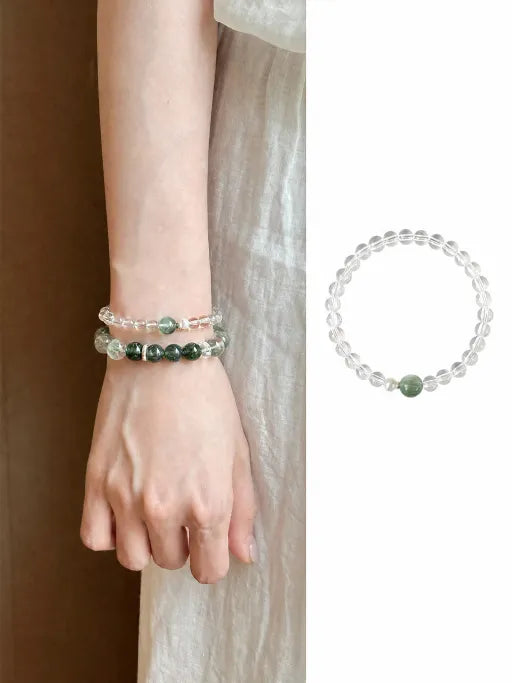 Clear Quartz & Green Rutilated Quartz Bracelet with Freshwater Pearl