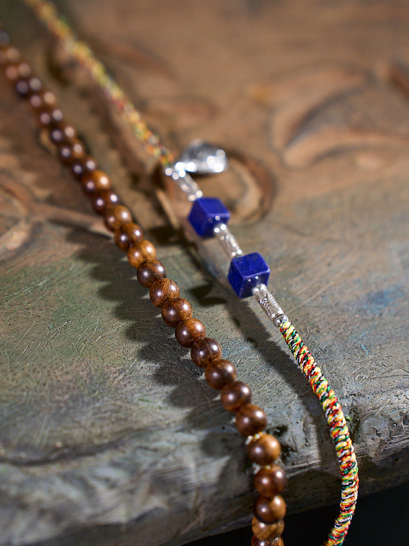 Wire Wrapped Clear Quartz Lapis Lazuli Wood Bead Necklace