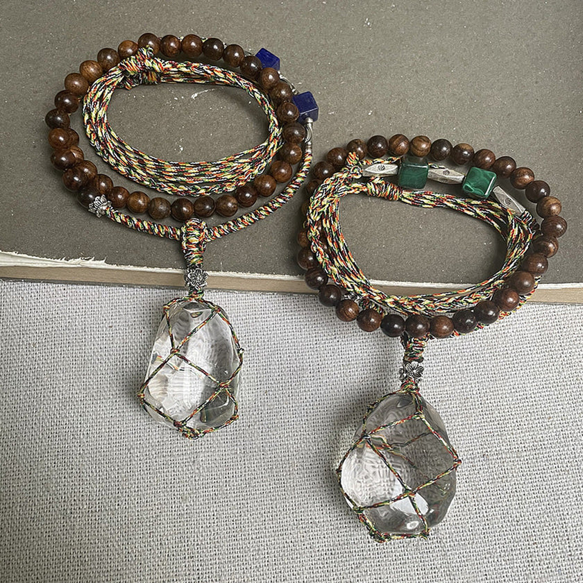 Wire Wrapped Clear Quartz Lapis Lazuli Wood Bead Necklace