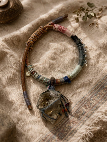 Pure Lotus Raw Crystal Yak Leather Five Elements Tibetan Bracelet