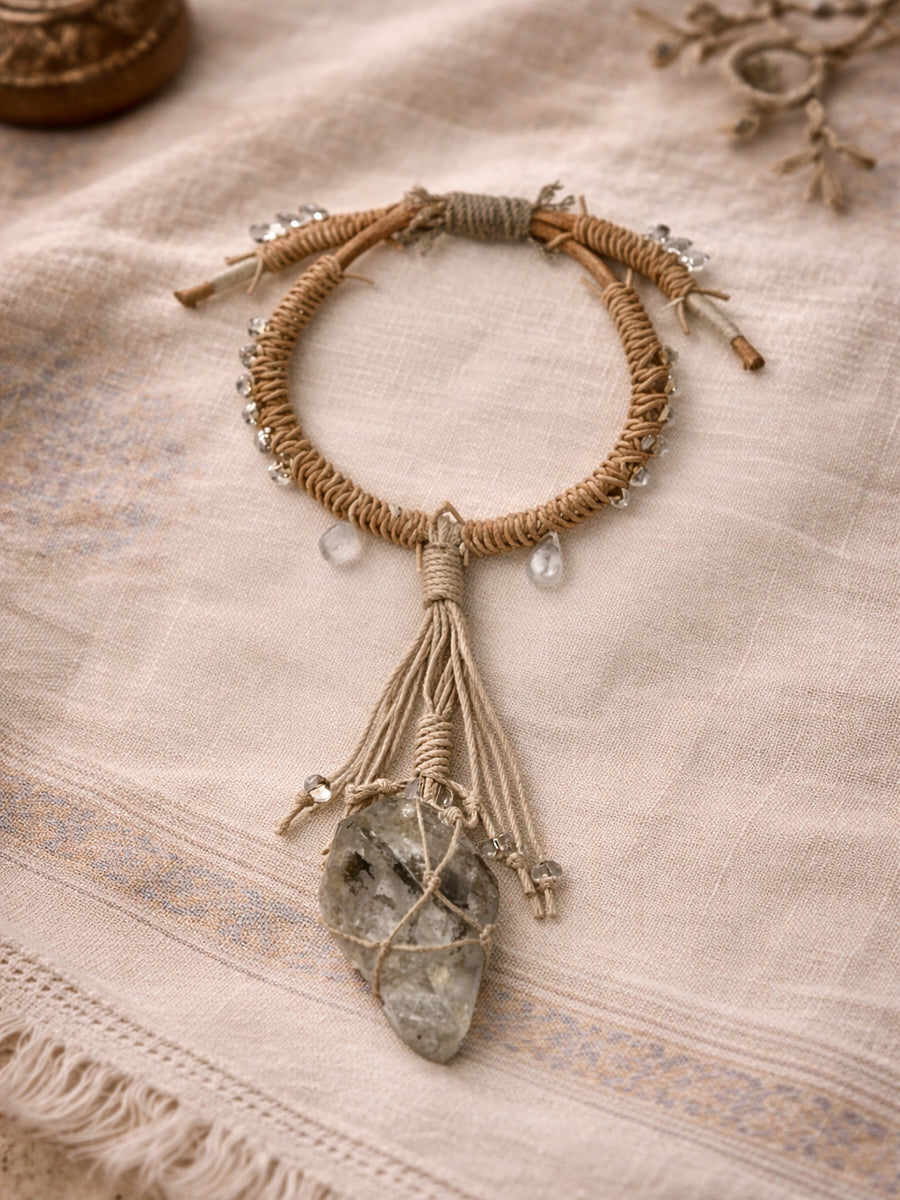 Pure Lotus Raw Crystal Yak Leather Five Elements Tibetan Bracelet