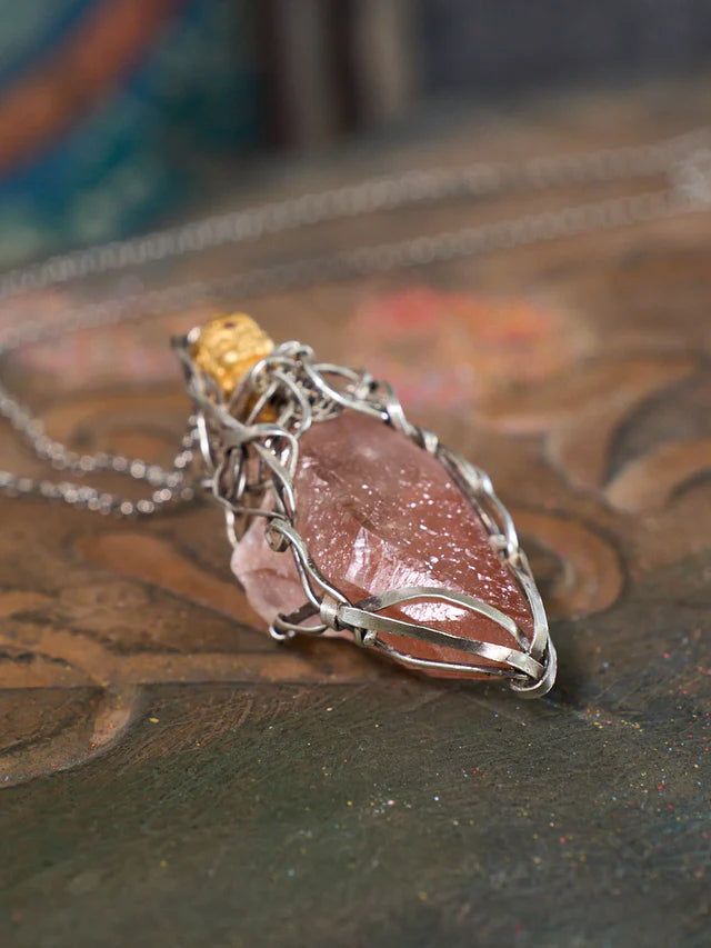Compassion Rose Quartz Green Tara Totem Silver Necklace