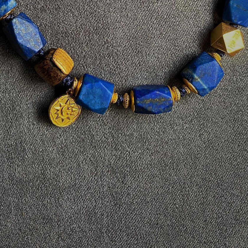 Gold Accented Lapis Lazuli Barrel Bead Necklace