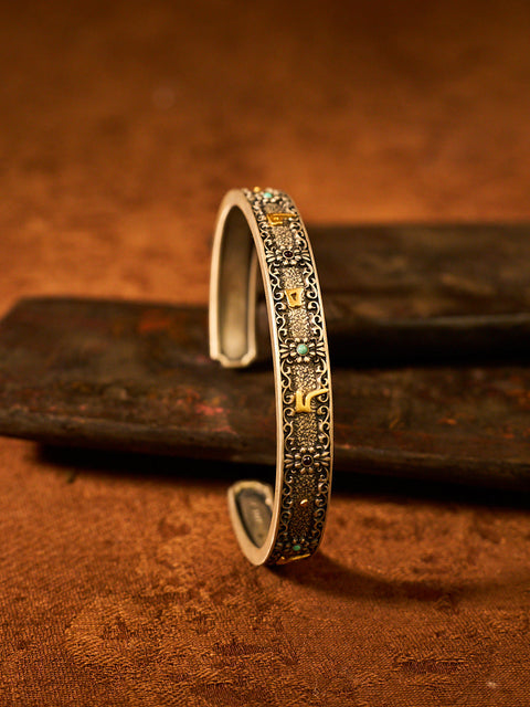 Om Mani Padme Hum Silver Plated Cuff Bracelet with Gold Handmade