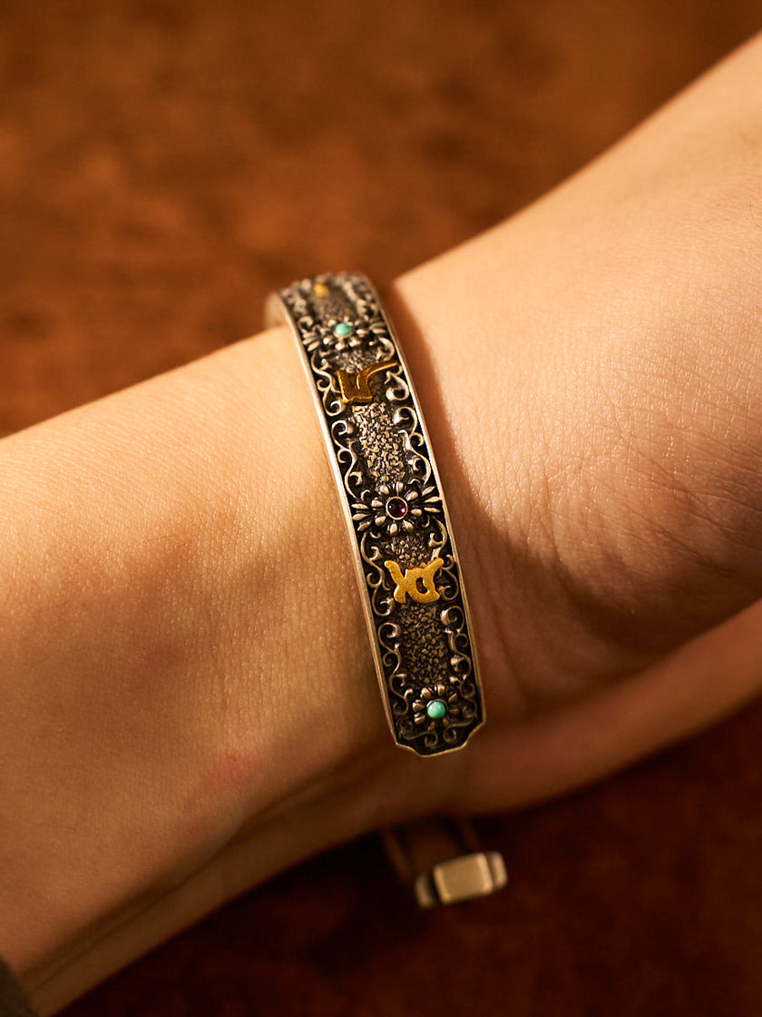 Om Mani Padme Hum Silver Plated Cuff Bracelet with Gold Handmade