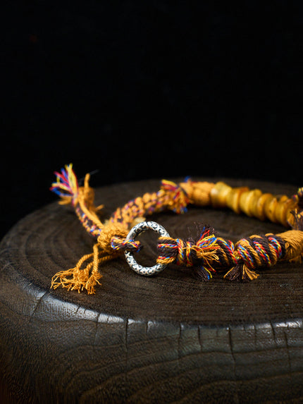 Primal Force Yak Bone Disc Antique Silver Tibetan Five-Color Cord Bracelet