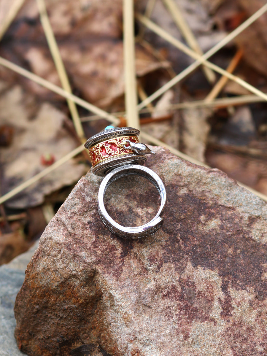 Tibetan Blessing Prayer Wheel Ring – Silver and Turquoise Spinner