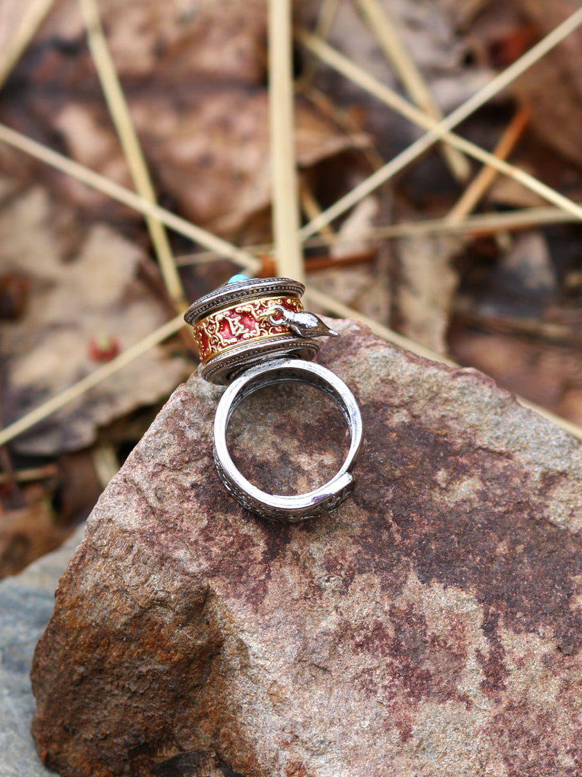 Tibetan Blessing Prayer Wheel Ring – Silver and Turquoise Spinner