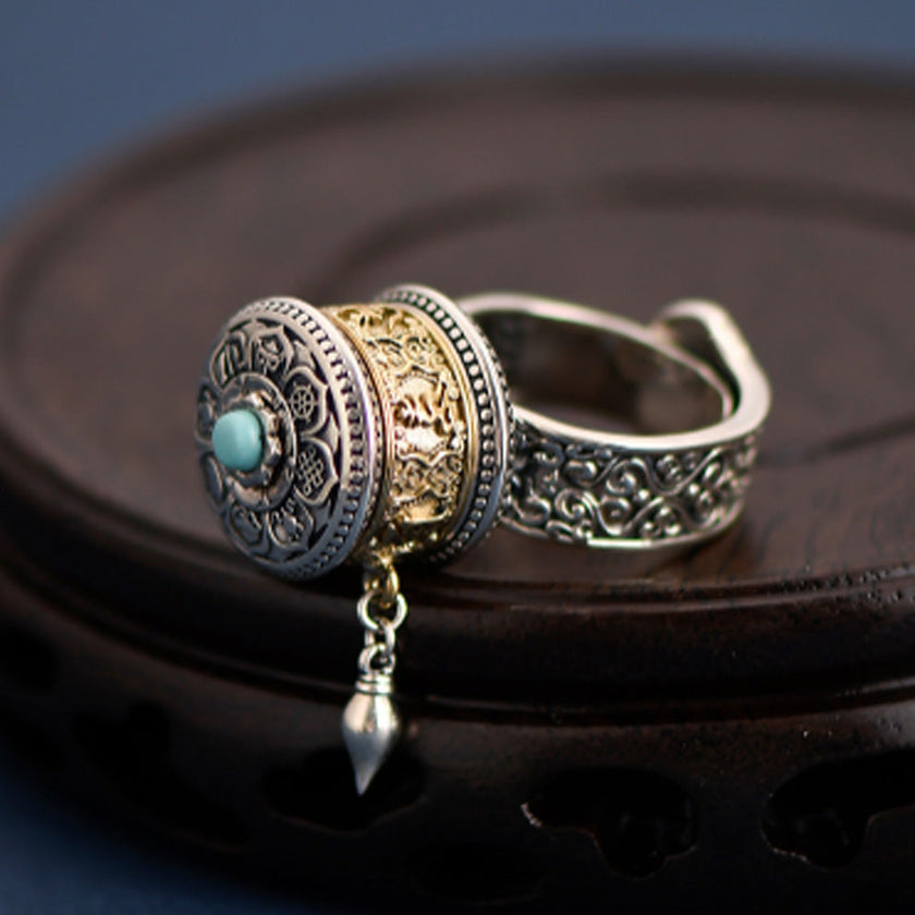 Tibetan Blessing Prayer Wheel Ring – Silver and Turquoise Spinner