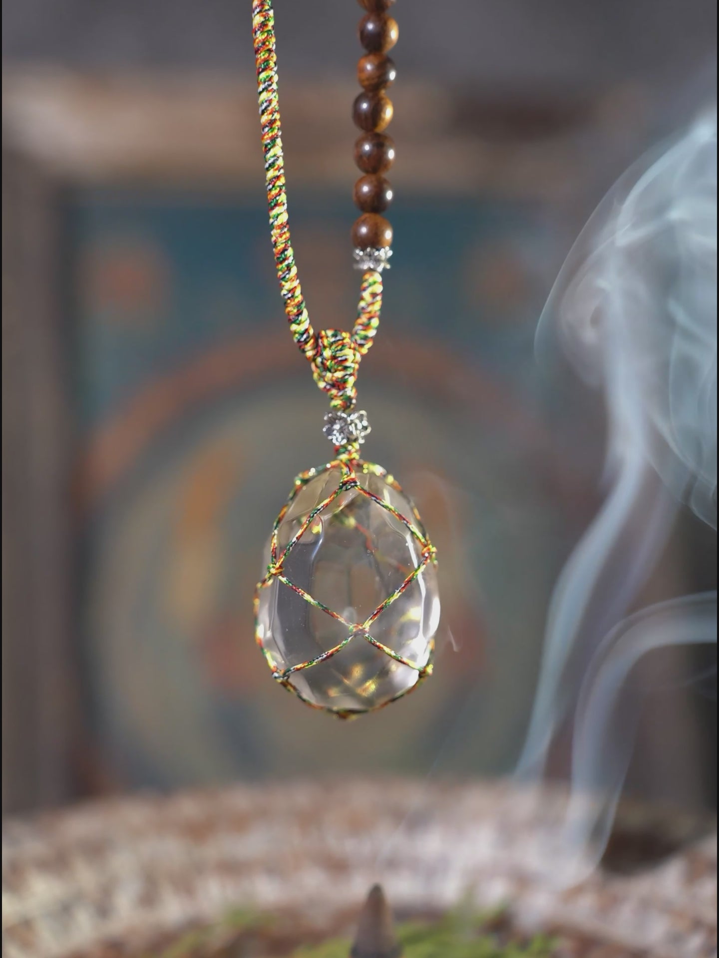 Wire Wrapped Clear Quartz Lapis Lazuli Wood Bead Necklace