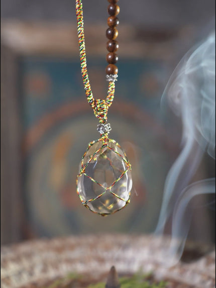 Wire Wrapped Clear Quartz Lapis Lazuli Wood Bead Necklace