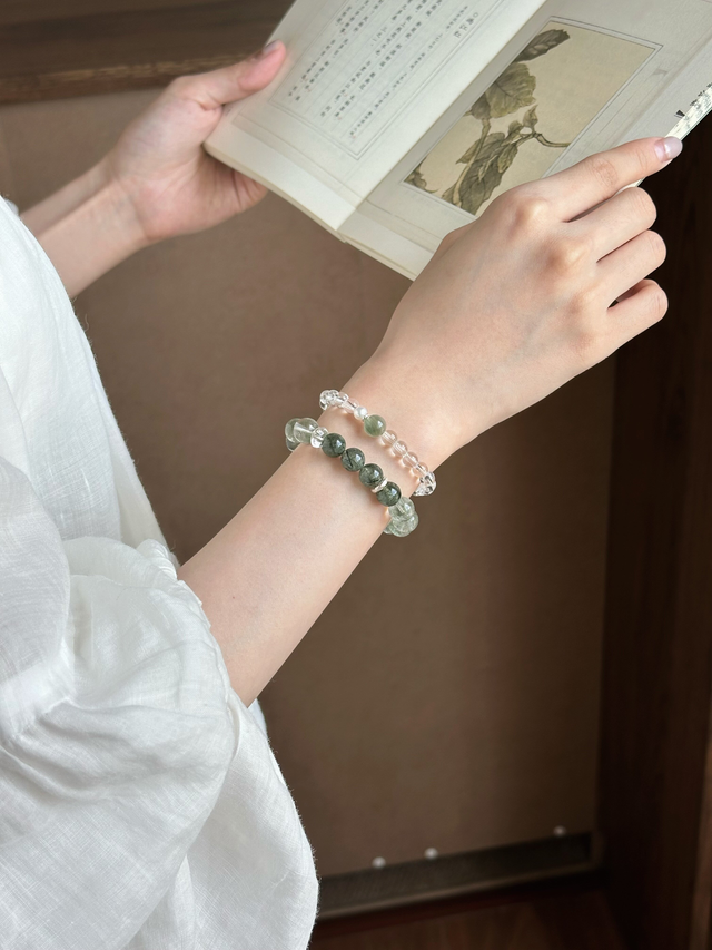 Clear Quartz & Green Rutilated Quartz Bracelet with Freshwater Pearl
