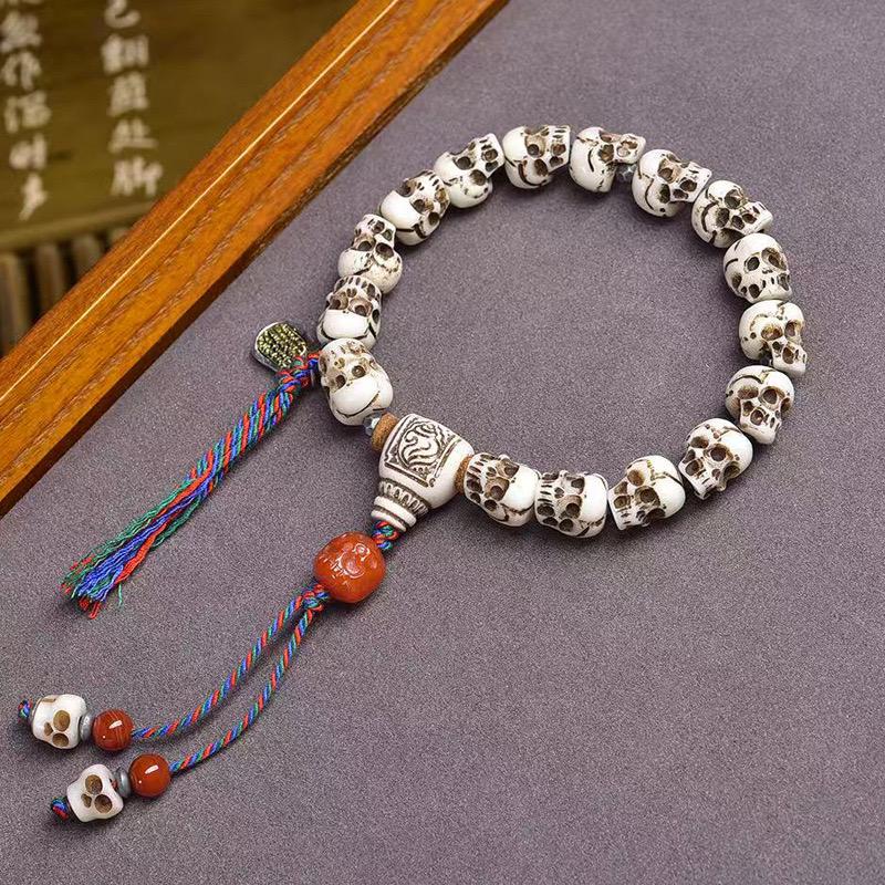 Tibetan Yak Bone Skull Bracelet, Single Strand Mala with Agate Bead