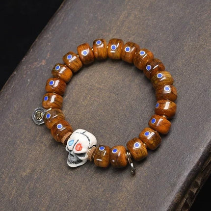 Antique Tibetan Style Bone Bracelet - Lapis Lazuli Inlay - Yak Bone Wrist Mala - Meditation Prayer Beads - Handmade Spiritual Jewelry Gift