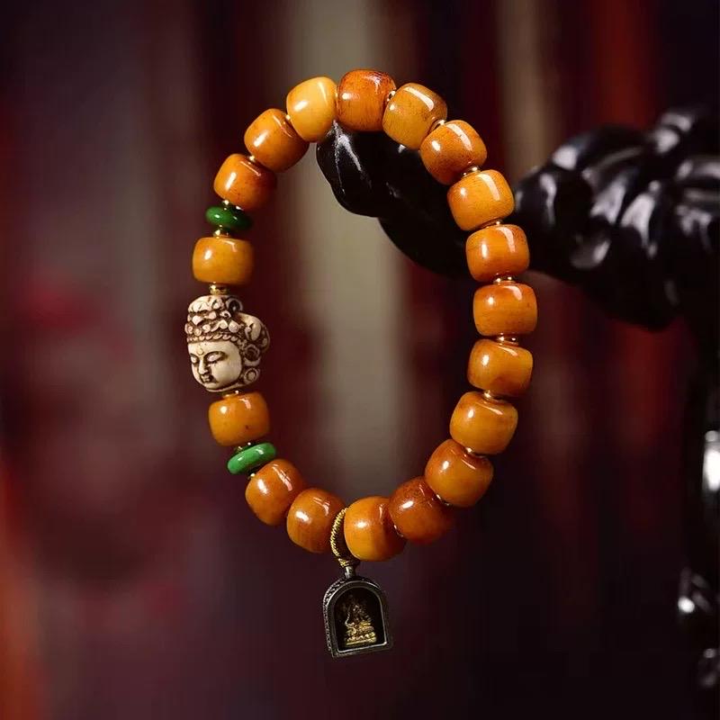 Handmade Tibetan Yak Bone Beads Bracelet, Vintage Mala Barrel Beads Wristband, Retro Tibetan Style Jewelry, Unisex Ethnic Boho Amulet Gift