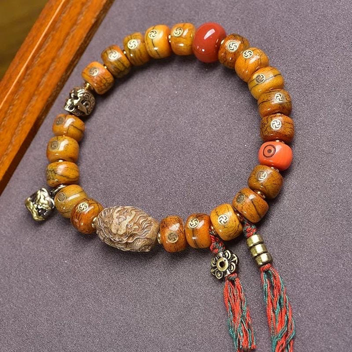 Natural Yak Bone Bracelet with Inlaid Wan Symbol, Tibetan Buddhism Mala Beads Ethnic Prayer Bead Bangle Meditative Zen Jewelry for Men Women