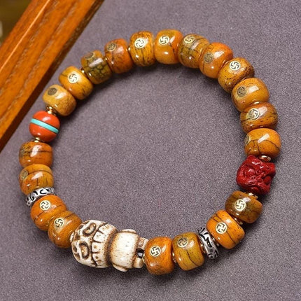Natural Yak Bone Bracelet with Inlaid Wan Symbol, Tibetan Buddhism Mala Beads Ethnic Prayer Bead Bangle Meditative Zen Jewelry for Men Women