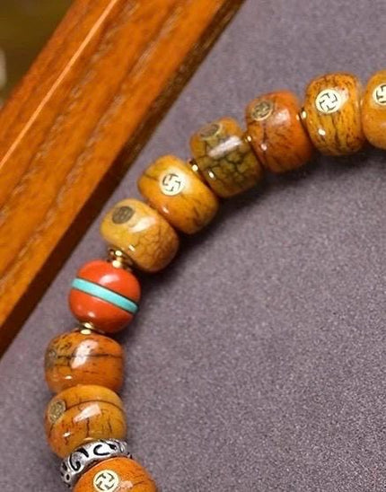 Natural Yak Bone Bracelet with Inlaid Wan Symbol, Tibetan Buddhism Mala Beads Ethnic Prayer Bead Bangle Meditative Zen Jewelry for Men Women