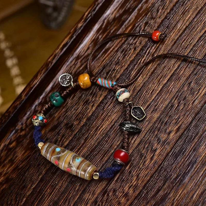 Tibetan Multi-Treasure Bracelet: Yak Bone Adai, Camel Bone Skull, Star Moon Bodhi, Agate, Dzibead Mala, Himalayan Buddhist Prayer Beads