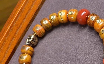 Natural Yak Bone Bracelet with Inlaid Wan Symbol, Tibetan Buddhism Mala Beads Ethnic Prayer Bead Bangle Meditative Zen Jewelry for Men Women