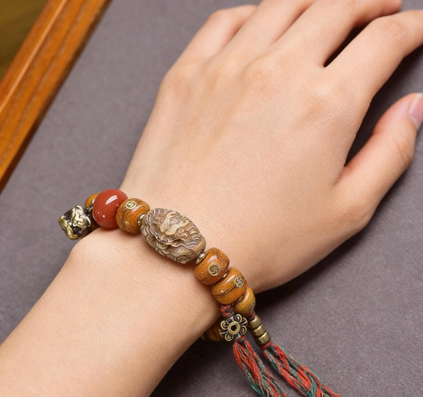 Natural Yak Bone Bracelet with Inlaid Wan Symbol, Tibetan Buddhism Mala Beads Ethnic Prayer Bead Bangle Meditative Zen Jewelry for Men Women