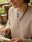 Wire Wrapped Clear Quartz Lapis Lazuli Wood Bead Necklace