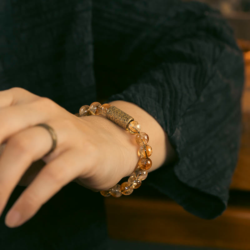 Citrine · Brass Beads Bracelet — 15–18cm. Golden Shield. Warmth + Wealth