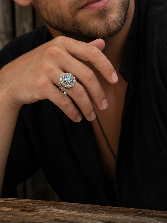Tibetan Blessing Prayer Wheel Ring – Silver and Turquoise Spinner